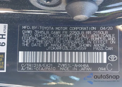 2020 Toyota Prius Limited из США, поврежденный, VIN JTDKARFU3L3124559